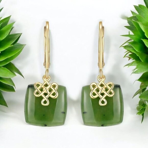 Dynasty Jade ✦ Nephrite Jade Drop Earrings ✦ 18k Gold Over Sterling Silver NWT - Picture 13 of 17